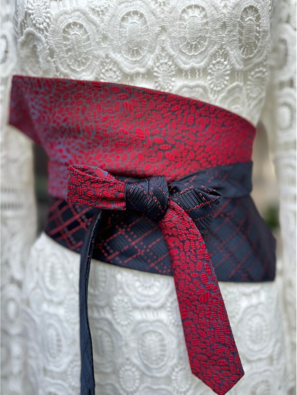 Navy and Red Upcycled Vintage Silk Corse Obi Tie Waist Belt | OOAK | OS